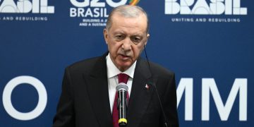 الرئيس التركي رجب طيب أردوغان، خلال مؤتمر صحفي باجتماع مجموعة العشرين، البرازيل، 19 نوفمبر 2024 (ا ف ب)